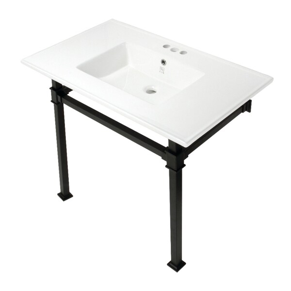 Kingston Brass KVPB37224Q0 37-Inch Console Sink with Stainless Steel Legs (4-Inch, 3 Hole), White/Matte Black KVPB37224Q0 - main